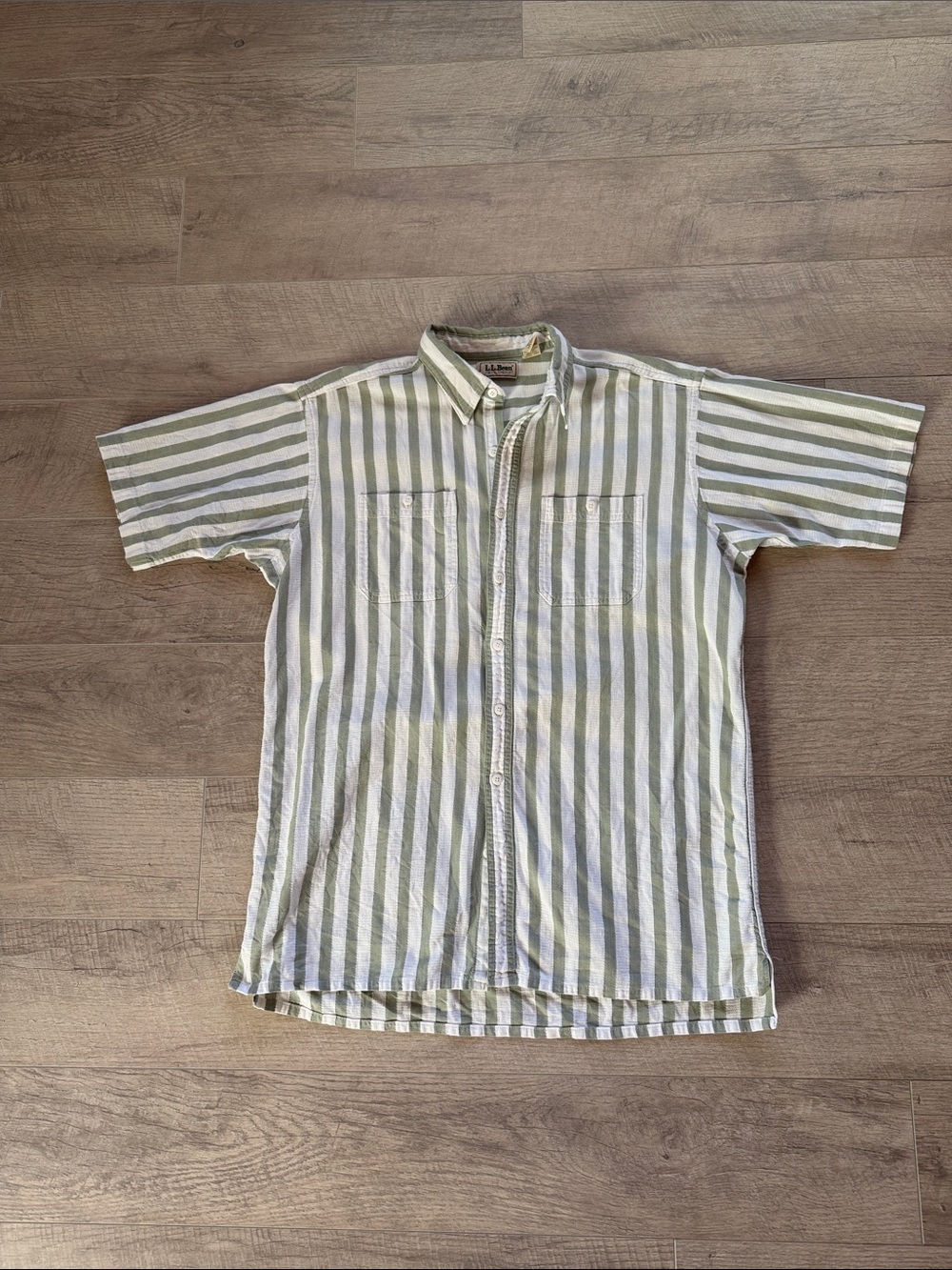90s LL Bean Cool Weave Green and White Stripe Button Down